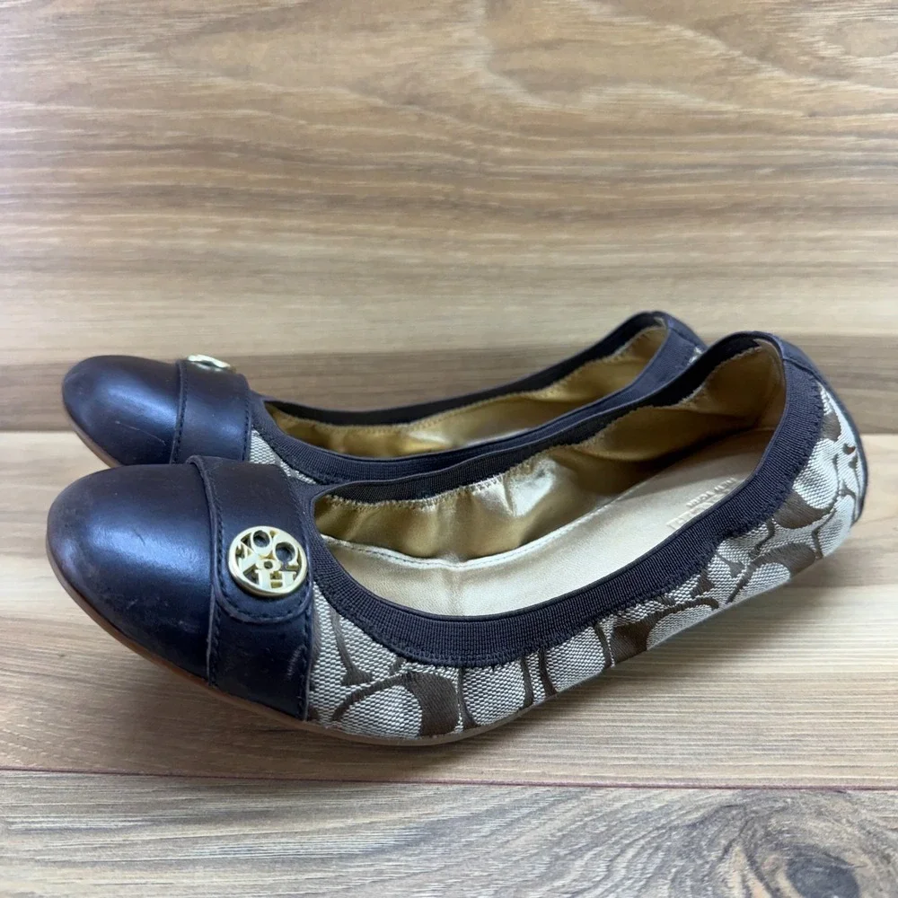 Coach Chelsea Ballet Flats Y2K 7.5 Brown Signature Cap Toe Stretch Casual Office